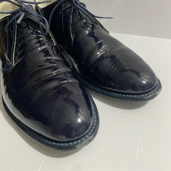 Maison Margiela Navy Patent Leather Lace Up Derby Dress Shoes White Stitch Heel - Picture 5 of 14
